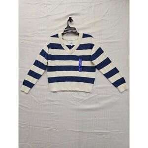 JoyLab Women Navy Peony White Striped V-Neck Sweater JL19_50A01-0235 XS New